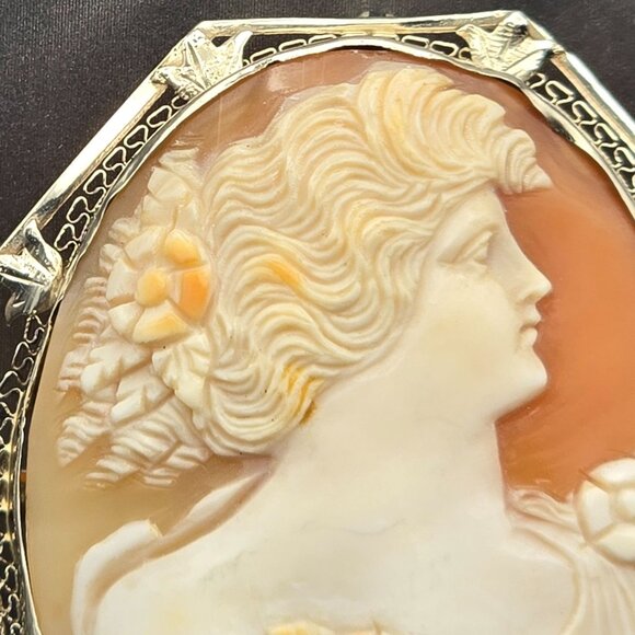 Antique 14K White Gold Cameo Brooch/Pendant 2" Filigree Frame 13.72g 44x36mm - Picture 6 of 16